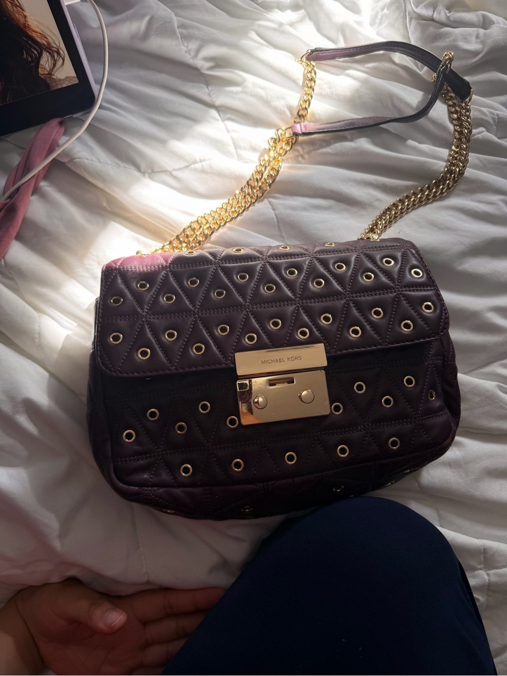 Michael Kors Quilted Eyelet Shoulder Bag in Plum with Gold Hardware